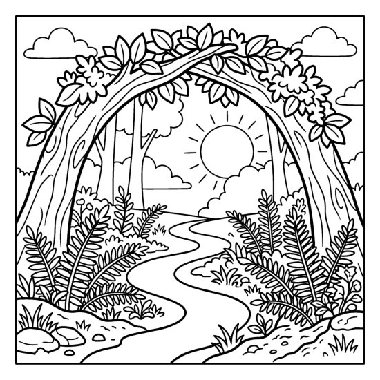 Two leaning forest trees forming a natural archway over a path with ferns, coloring sheet