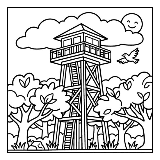 A wooden ranger lookout tower with a ladder rising above the treetops, coloring page