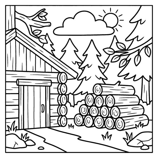 A stacked woodpile beside a cabin wall in the forest with tall trees, coloring page