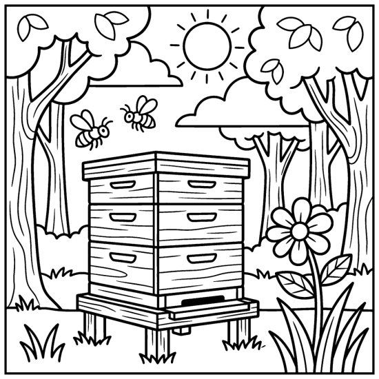 A short stack of wooden beehive boxes at the edge of the woods with bees, coloring page