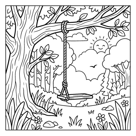 A simple rope swing hanging from a thick forest tree branch over a clearing, coloring sheet