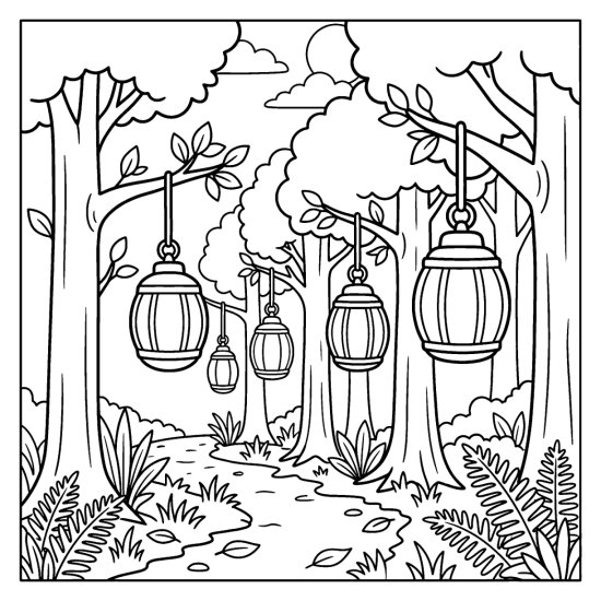 A row of hanging lanterns along a forest path lined with tall trees and ferns, coloring page