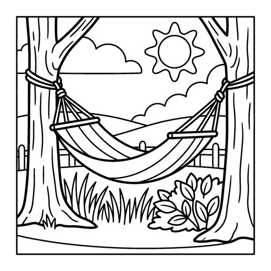 A hammock strung between two thick tree trunks over a grassy patch, coloring sheet