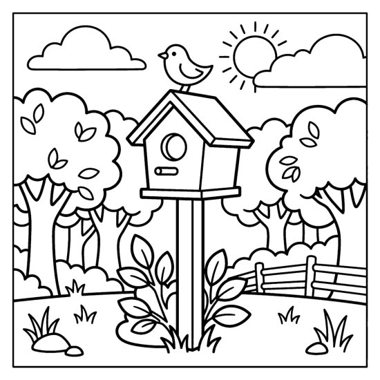 bold and easy forest coloring pages with a birdhouse on a post and a perched bird at the woods edge, coloring page