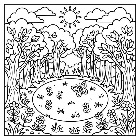 A round grassy clearing ringed by tall forest trees with wildflowers and a butterfly, coloring page