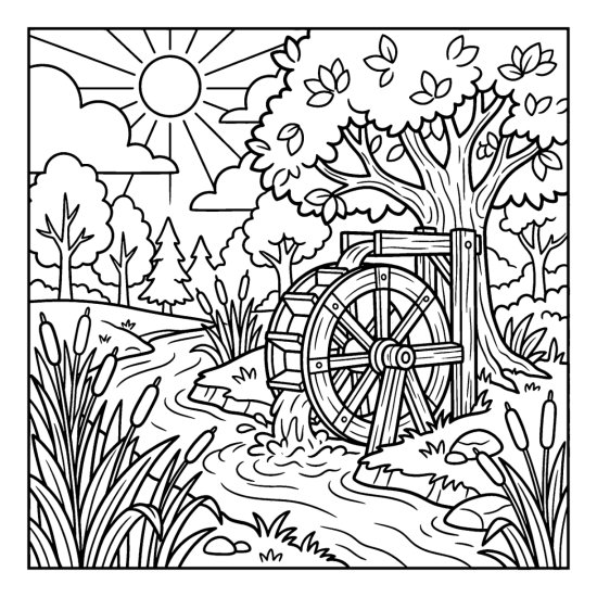 A wooden water wheel turning beside a brook in the woods with reeds, coloring sheet