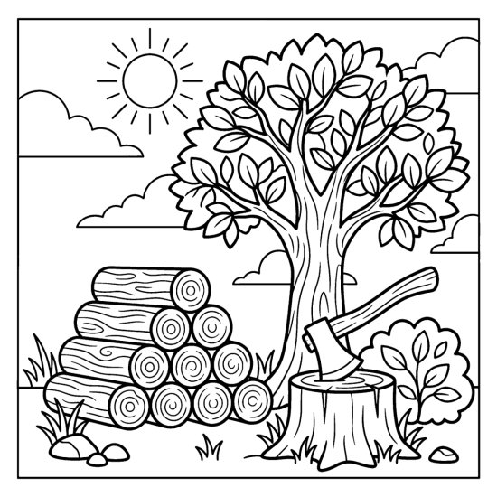 A neat stack of chopped firewood beside a tree with an axe in a block, coloring page