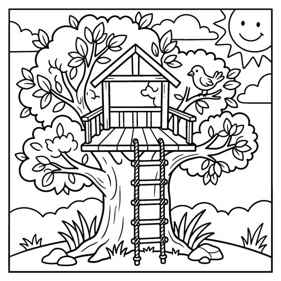 A wooden lookout platform high in a leafy treetop with a rope ladder, coloring sheet