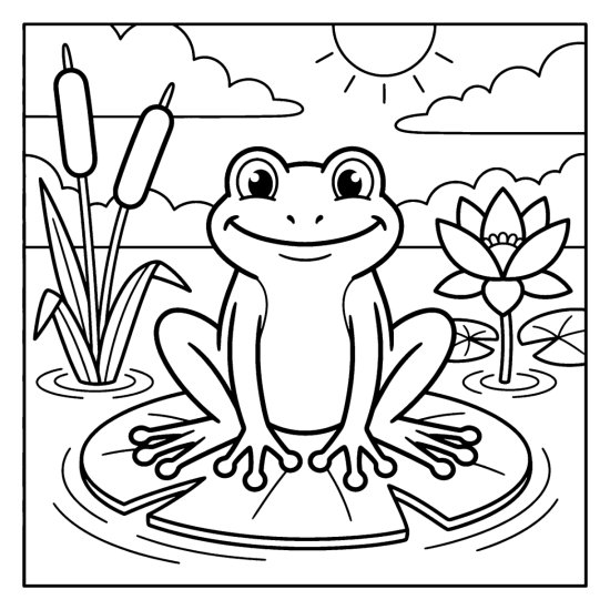 Smiling frog on a round lily pad with cattails and a lotus flower, coloring page