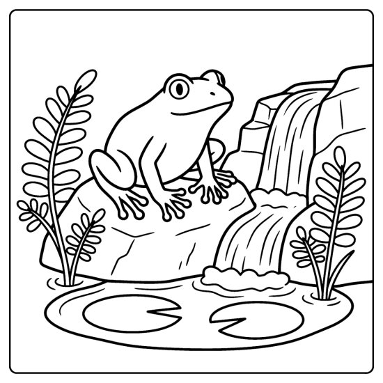 Frog on a rock beside a small waterfall with ferns and lily pads, bold and easy