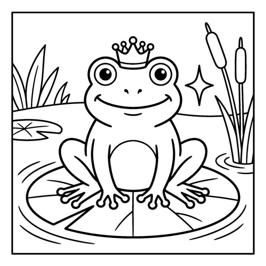 Frog wearing a small crown on a lily pad with reeds and a sparkle, coloring page