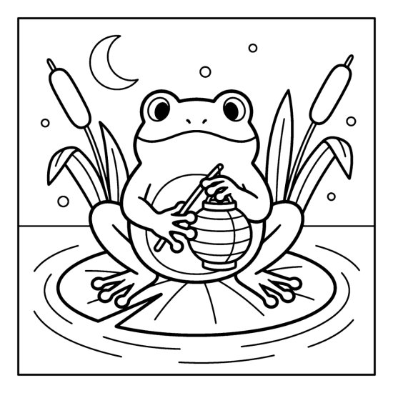 Frog holding a paper lantern on a lily pad under a crescent moon with fireflies, coloring sheet
