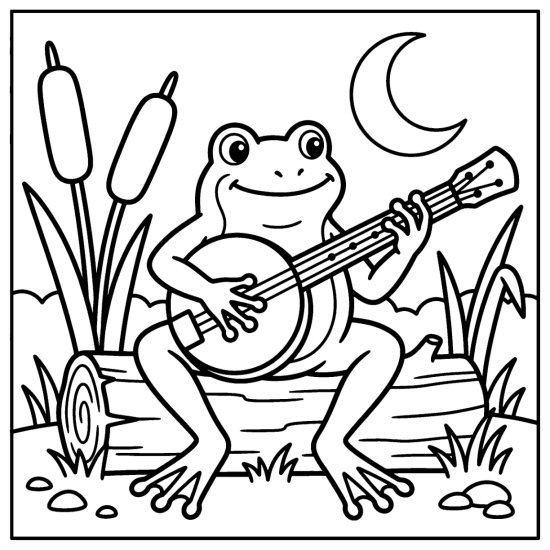 Frog strumming a banjo on a log under a crescent moon with cattails, bold and easy