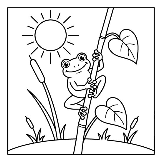 Tree frog climbing a tall reed with round toe pads under a bright sun, coloring page