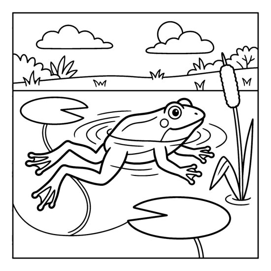 Frog swimming across the pond with ripple lines, lily pads and a cattail, coloring sheet