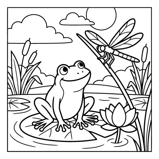 Frog on a lily pad looking up at a dragonfly perched on a reed, bold and easy