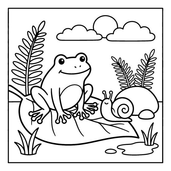 Frog sitting beside a small snail on a broad leaf with ferns nearby, coloring page