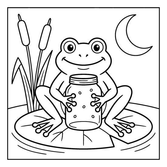 Frog on a lily pad holding a jar of fireflies under a crescent moon, coloring sheet