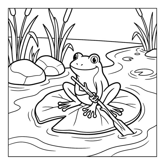 Frog rowing a large leaf like a raft down a stream past rocks and reeds, bold and easy
