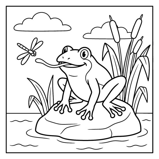 Frog on a rock catching a dragonfly with its long tongue near tall reeds, coloring sheet