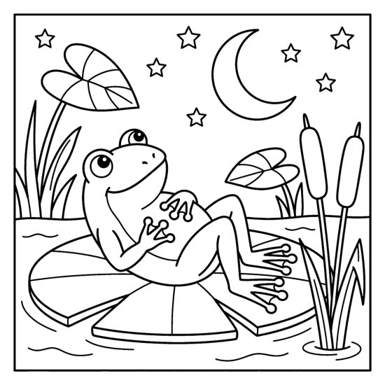 Frog reclining on a lily pad gazing at stars and a crescent moon, coloring page
