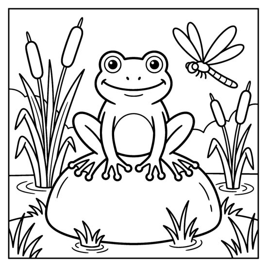 Frog perched on a round rock in a marsh with tall cattails and a dragonfly, coloring sheet