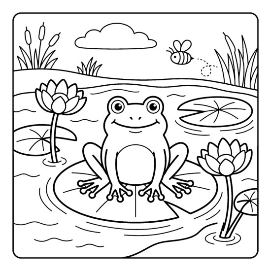 Frog on a lily pad among blooming water lilies with a buzzing bee, bold and easy