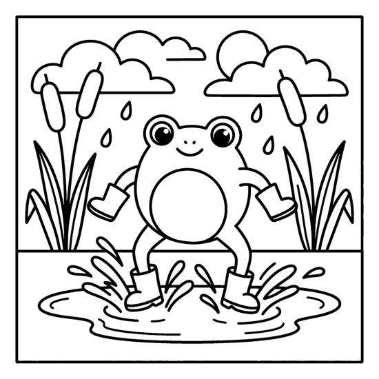Frog in rain boots splashing in a puddle with raindrops and cattails, coloring page