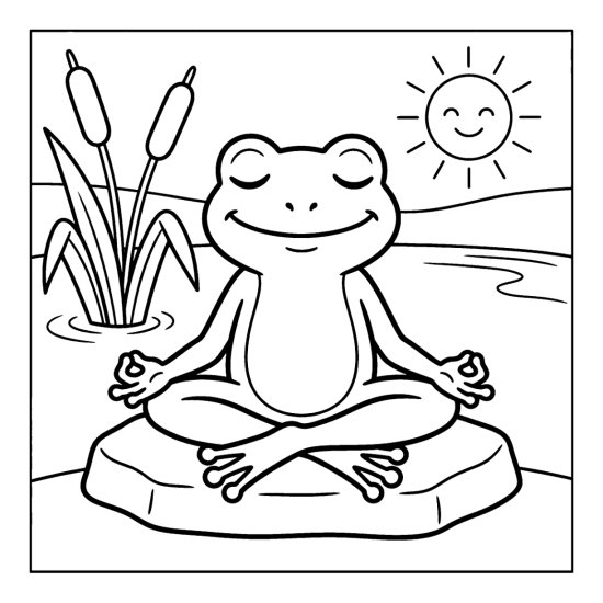Frog meditating in a calm pose on a flat rock with a smiling sun, coloring sheet