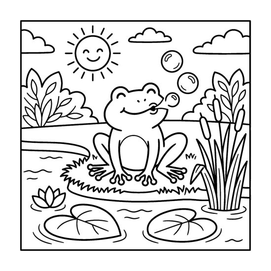 Frog blowing round bubbles on a lily pad with a sun and leafy plants, bold and easy