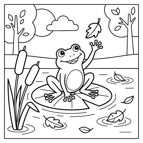 Frog on a lily pad reaching up to catch a falling autumn leaf near trees, coloring page
