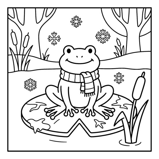 Frog wearing a knitted scarf on a frosty lily pad with falling snowflakes, coloring sheet
