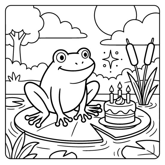 Frog beside a small birthday cake with candles on a lily pad with a sparkle, bold and easy