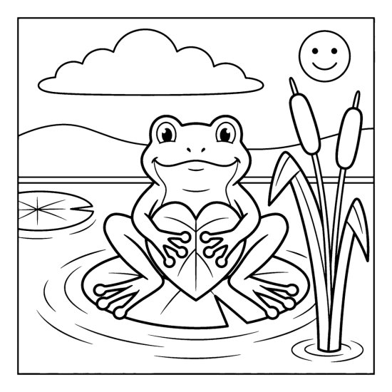 Frog holding a heart shaped lily pad on the pond with cattails and a sun, coloring page