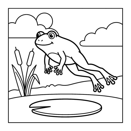 Frog leaping through the air above a lily pad with cattails behind, bold and easy
