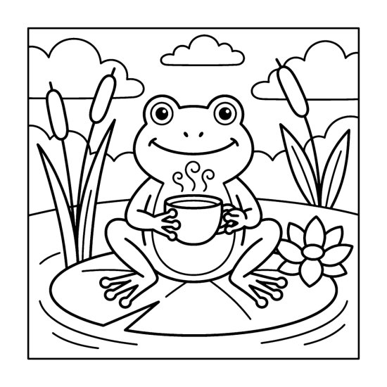 Frog holding a steaming teacup on a lily pad with reeds and a flower, coloring sheet
