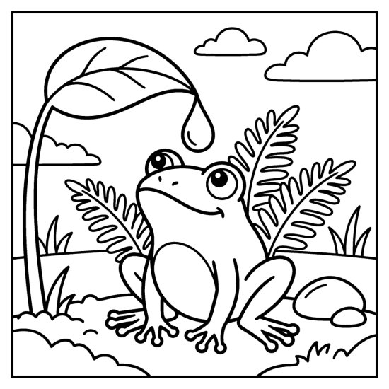 Frog tilting up to catch a dewdrop from a leaf with ferns and a rock, bold and easy