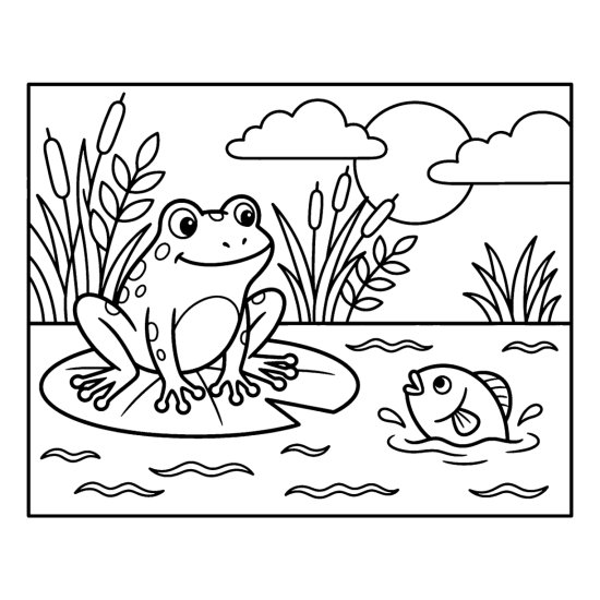 Frog on a lily pad beside a small fish poking out of the water with cattails, coloring page