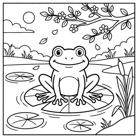 Frog on a lily pad beneath a blossoming branch with drifting petals, coloring sheet