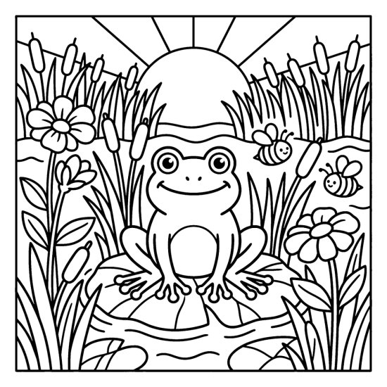 Frog among tall pond flowers in spring with two bees and a bright sun, bold and easy