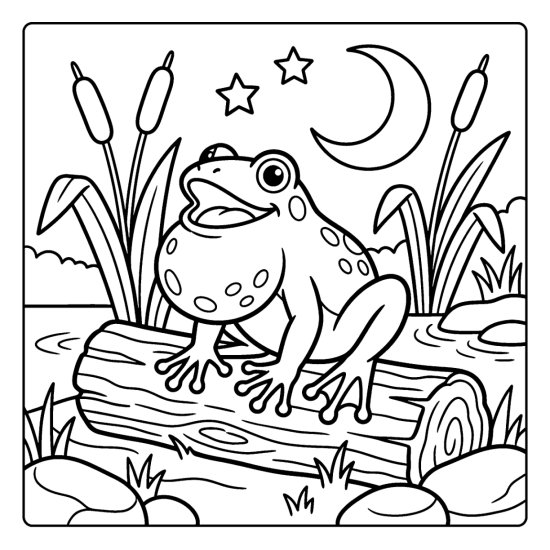 Frog croaking on a log under a crescent moon and stars beside reeds, coloring page