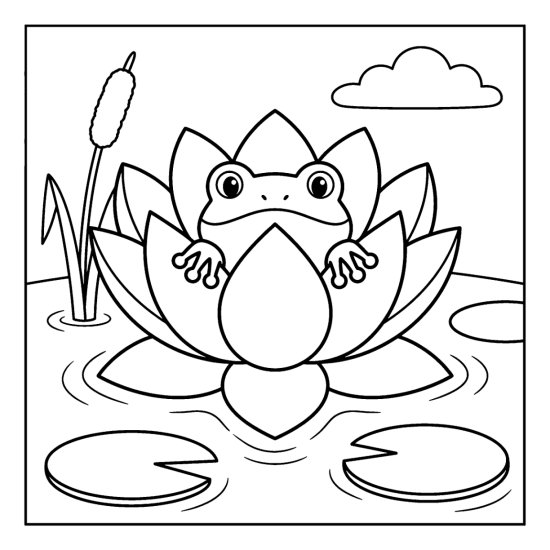 Frog peeking out from inside a big open lotus flower on the pond, coloring sheet