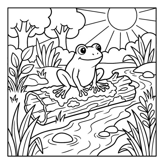 Frog resting on a fallen log across a stream with trees and a sun, bold and easy