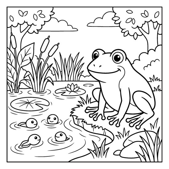 Large frog watching three round tadpoles swim in a pond with cattails, coloring page