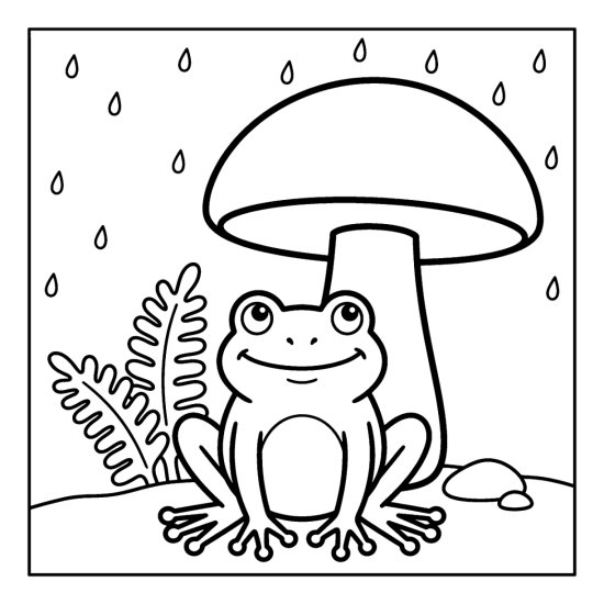 Frog sheltering under a tall mushroom cap in the rain beside a fern, coloring sheet