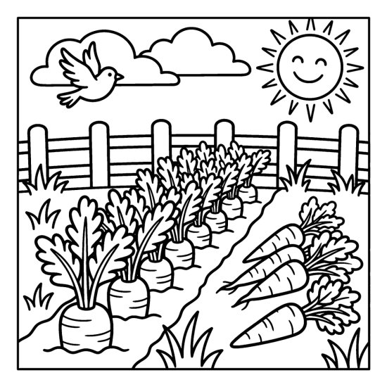 Garden row of carrots with feathery tops and a few pulled carrots on the soil, coloring page