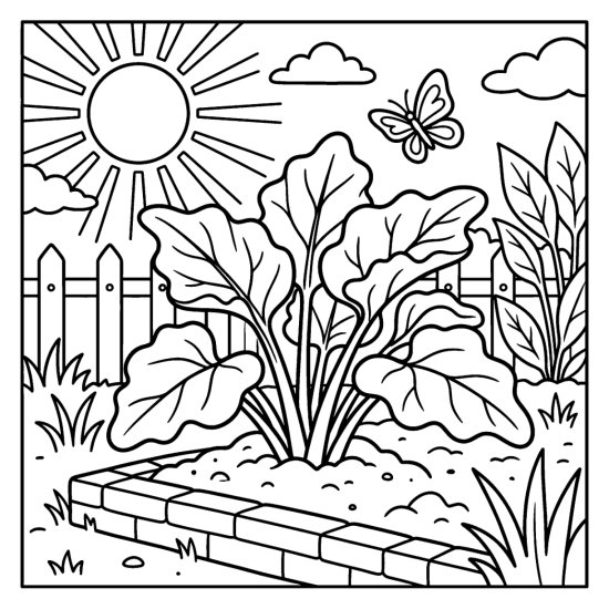 Leafy rhubarb plant with big crinkled leaves in a garden corner by a brick edge, coloring sheet