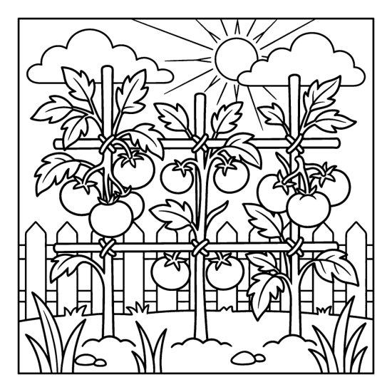 Tomato plants tied to tall stakes with round tomatoes hanging by a fence, coloring page