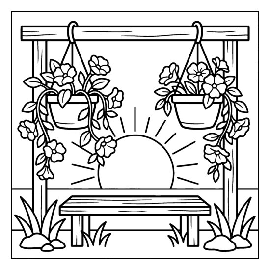 Two hanging flower baskets with trailing blooms above a garden bench, coloring page