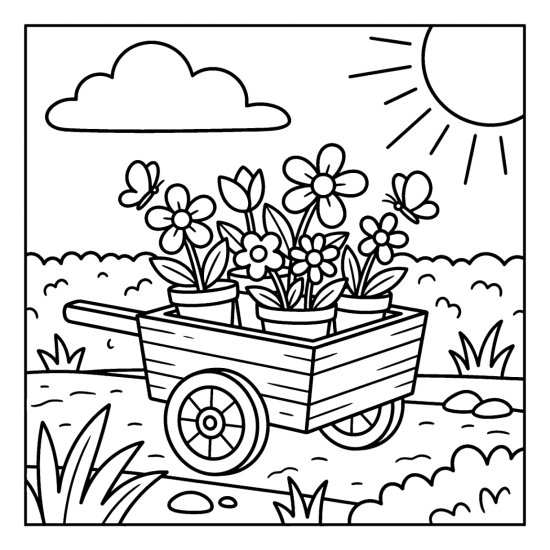 Wooden flower cart filled with potted blooms on a path by a hedge, coloring sheet